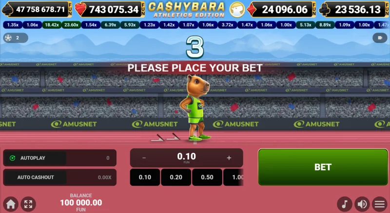 Cashybara Athletics Edition – Hauptbildschirm des Rennens mit Multiplikatorzähler